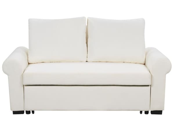 Sovesofa i kremfarget polyesterstoff med 2 sitteplasser og uttrekkbar sovesofa i retrodesign