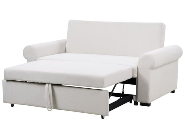 Sovesofa i lysebeige polyesterstoff med 2 sitteplasser og uttrekkbar sovesofa i retrodesign
