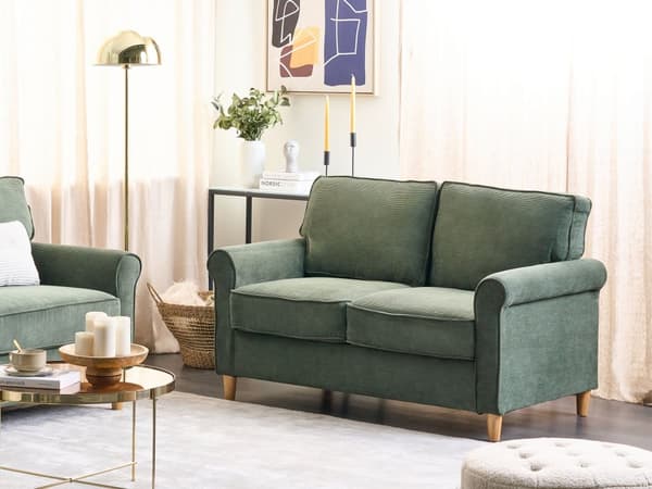 Soffa Mörkgrön Manchester Tyg Träram Pocket Springs Vardagsrum Ribbade 2 Sittplatser