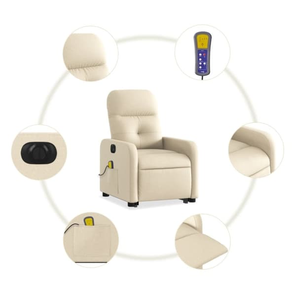 vidaXL Elektrisk massagefåtölj med uppresningshjälp gräddvit tyg