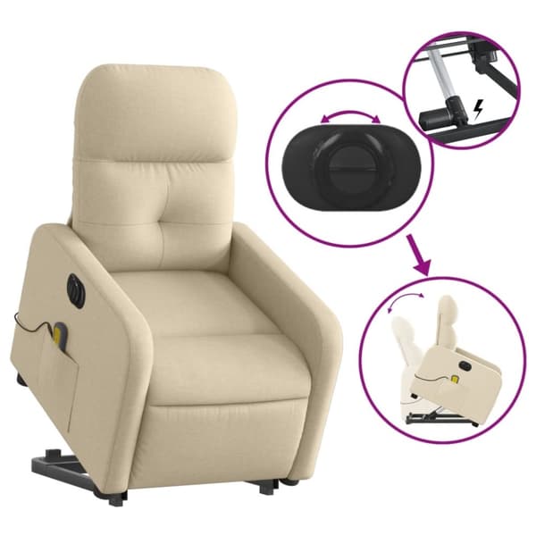 vidaXL Elektrisk massagefåtölj med uppresningshjälp gräddvit tyg
