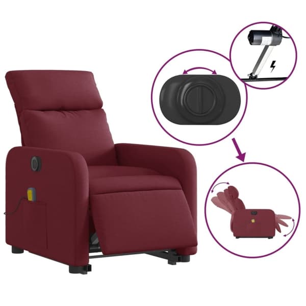 vidaXL Elektrisk massagefåtölj med uppresningshjälp vinröd tyg