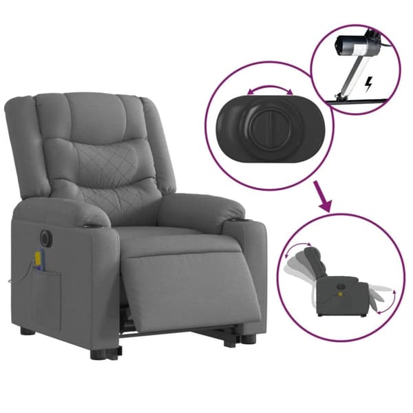 vidaXL Elektrisk massagefåtölj med uppresningshjälp mörkgrå tyg