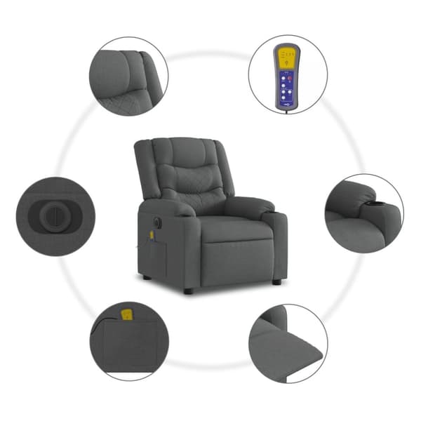 vidaXL Elektrisk massagefåtölj med uppresningshjälp mörkgrå tyg