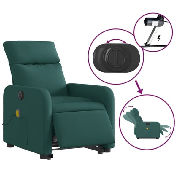 vidaXL Elektrisk massagefåtölj med uppresningshjälp mörkgrön tyg