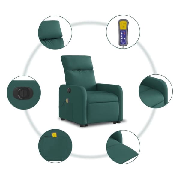 vidaXL Elektrisk massagefåtölj med uppresningshjälp mörkgrön tyg