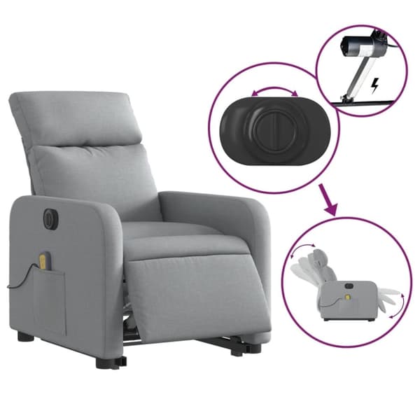 vidaXL Elektrisk massagefåtölj med uppresningshjälp ljusgrå tyg
