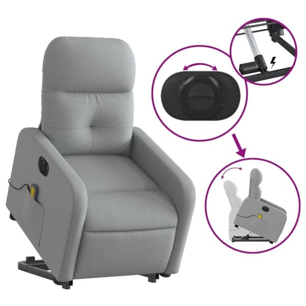 vidaXL Elektrisk massagefåtölj med uppresningshjälp ljusgrå tyg