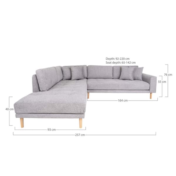Lido hjørnesofa venstrevent med 4 puter lysegrå.