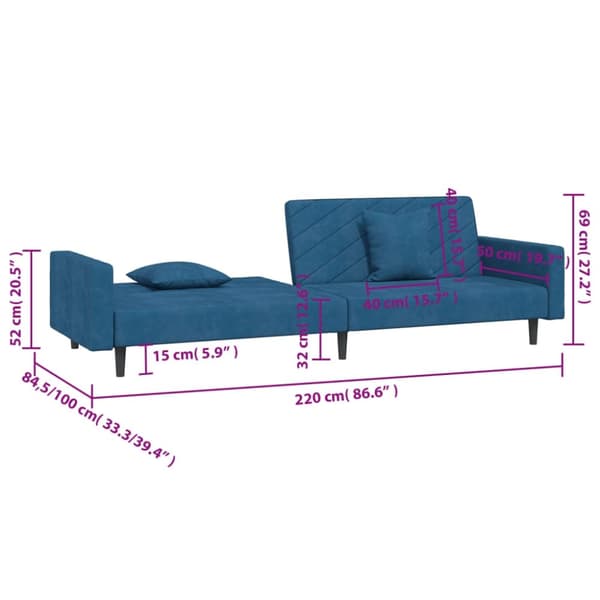 vidaXL Bäddsoffa 2-sits med två kuddar blå sammet
