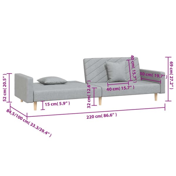 vidaXL 2-personers sovesofa med 2 puder stof lysegrå