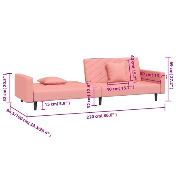 vidaXL Bäddsoffa 2-sits med två kuddar rosa sammet