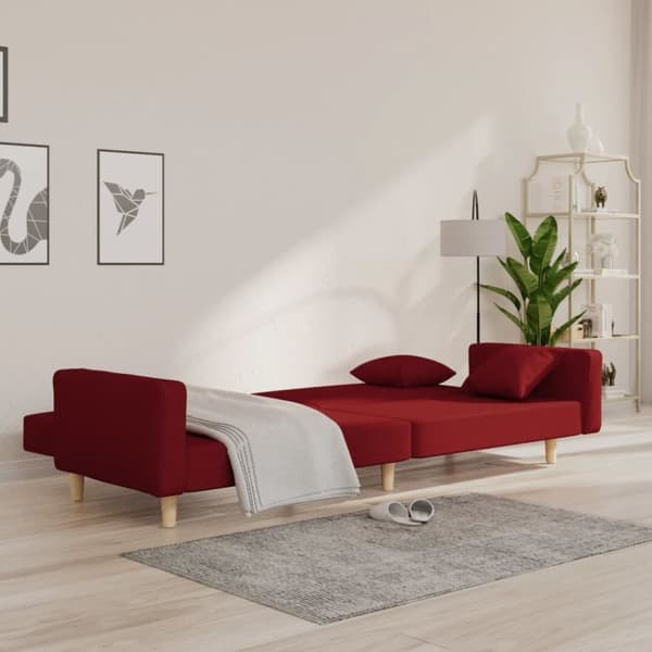vidaXL Bäddsoffa 2-sits med två kuddar vinröd tyg
