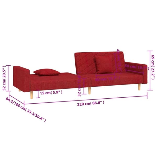 vidaXL 2-personers sovesofa med 2 puder stof vinrød