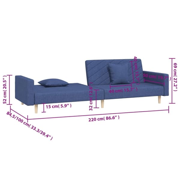 vidaXL 2-personers sovesofa med 2 puder stof blå