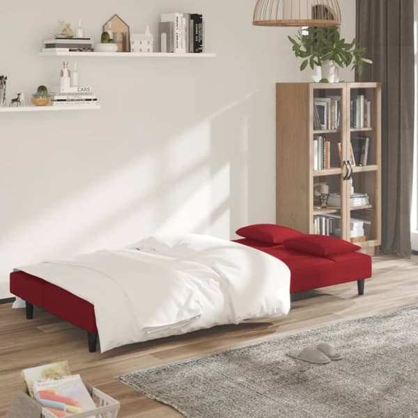 vidaXL Bäddsoffa 2-sits med två kuddar vinröd sammet