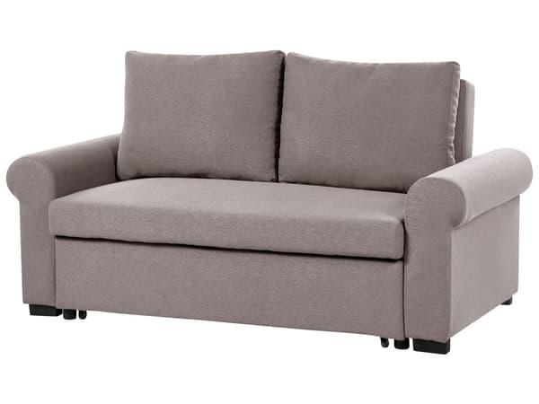 Sofa i lysebrunt polyester stof med 2 siddepladser og udtrækbar sovesofa i retrodesign