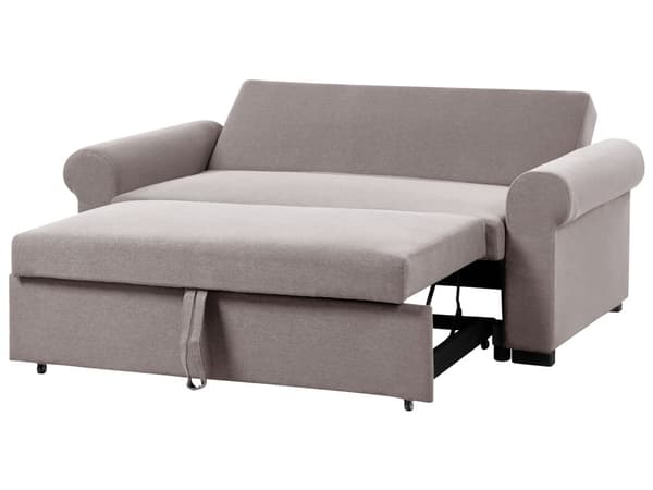 Sofa i lysebrunt polyester stof med 2 siddepladser og udtrækbar sovesofa i retrodesign