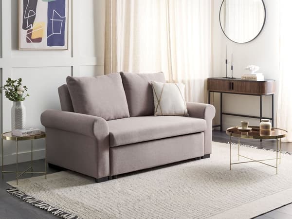 Sofa i lysebrunt polyester stof med 2 siddepladser og udtrækbar sovesofa i retrodesign