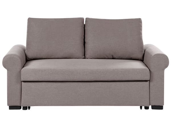 Sofa i lysebrunt polyester stof med 2 siddepladser og udtrækbar sovesofa i retrodesign