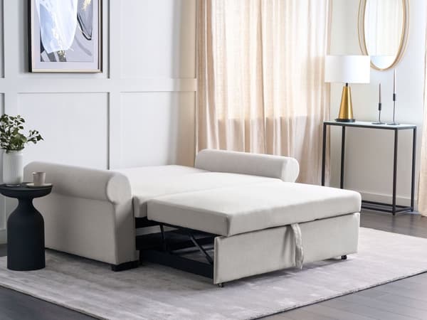 Sofa i lys beige polyester stof med 2 sidde pladser og udtrækbar sovesofa i retrodesign