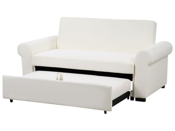 Sovesofa cremefarvet polyester stof med 2 siddepladser og udtrækbar sovesofa i retrodesign