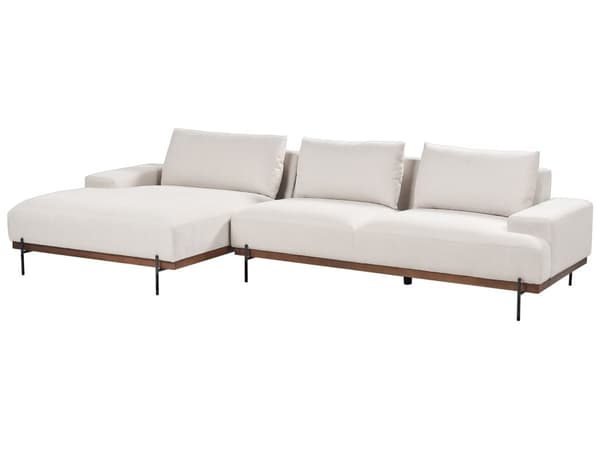 Kulmasohva kangas verhoilu beige oikea 3 hengelle metallijalat minimalistinen tyyli