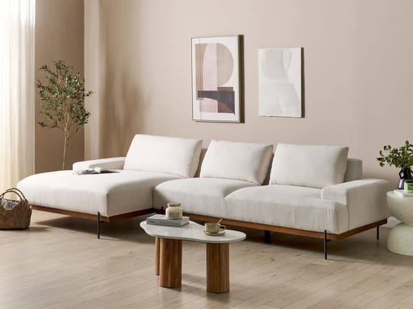 Kulmasohva kangas verhoilu beige oikea 3 hengelle metallijalat minimalistinen tyyli