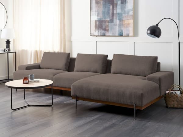 Kulmasohva kangas verhoilu ruskea vasen 3 hengelle metallijalat minimalistinen tyyli