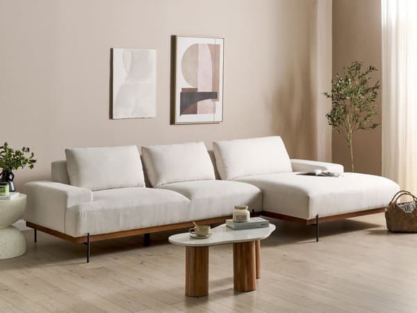 Kulmasohva kangas verhoilu beige vasen 3 hengelle metallijalat minimalistinen tyyli