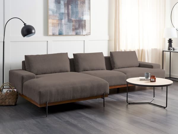 Kulmasohva kangas verhoilu ruskea oikea 3 hengelle metallijalat minimalistinen tyyli