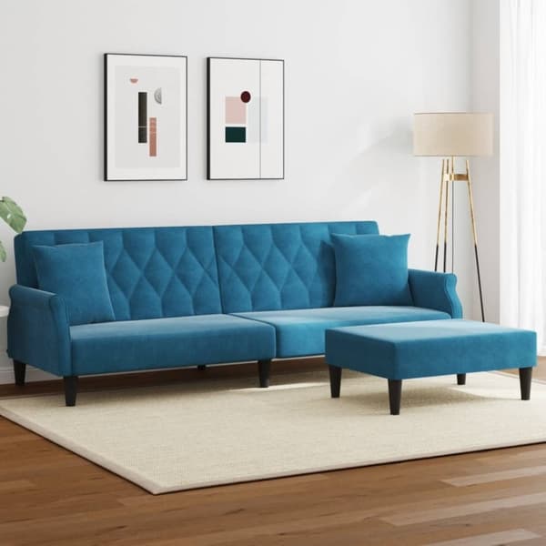 vidaXL Bäddsoffa 2-sits med kuddar och fotpall blå sammet