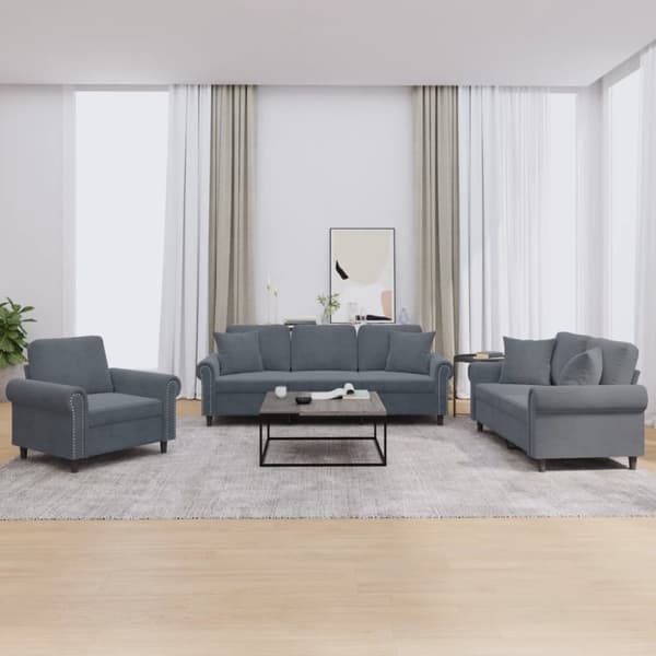 vidaXL sofasæt 3 dele med puder velour mørkegrå