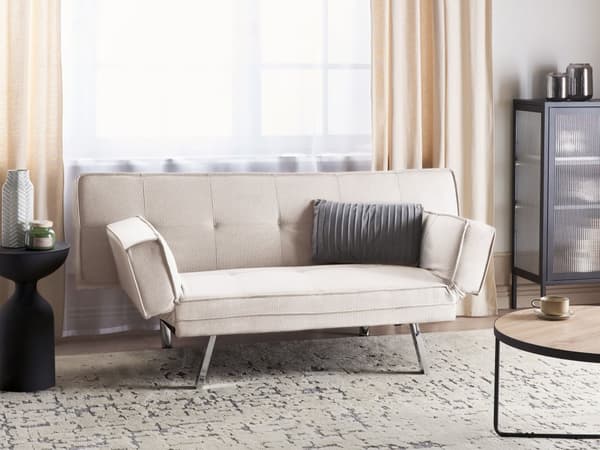 Sovesofa i beige polstring stof til 3 personer med justerbare armlæn stue soveværelse