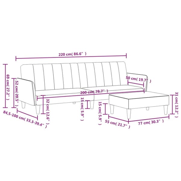 vidaXL 2-personers sovesofa med fodskammel velour lysegrå