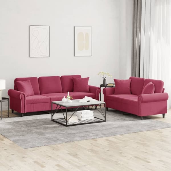 vidaXL sofasæt 2 dele med puder velour vinrød