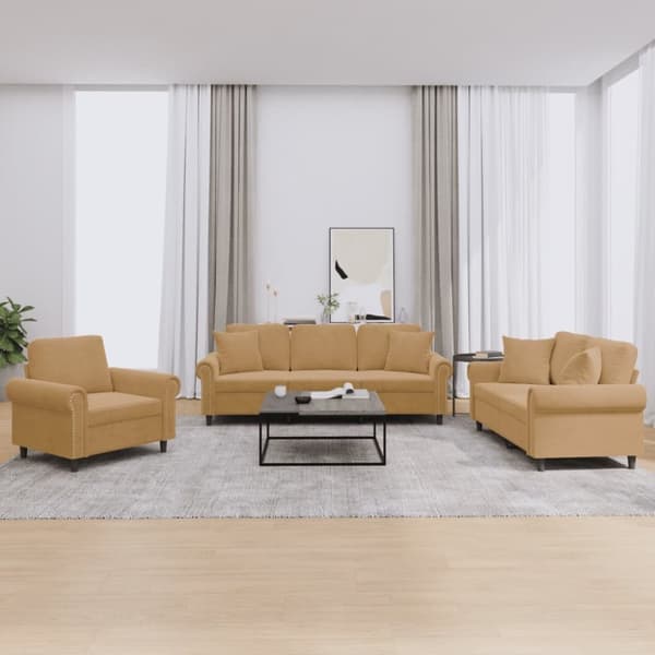 vidaXL sofasæt 3 dele med puder velour brun