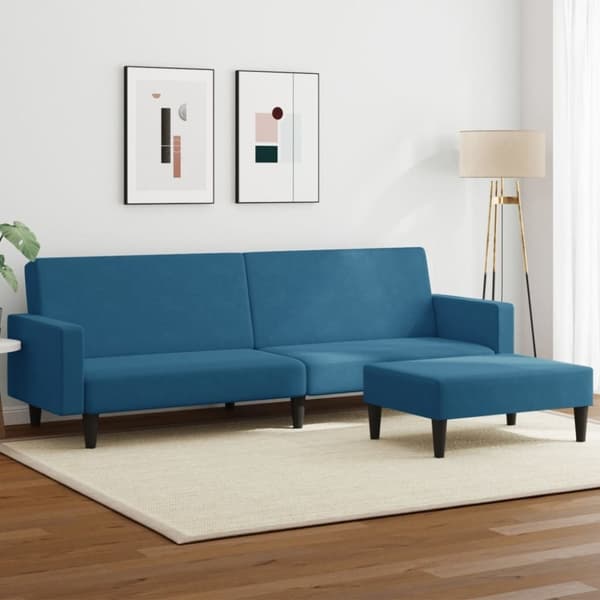 vidaXL Bäddsoffa 2-sits med fotpall blå sammet