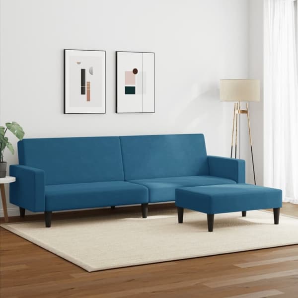 vidaXL Bäddsoffa 2-sits med fotpall blå sammet