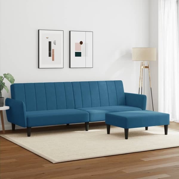 vidaXL Bäddsoffa 2-sits med fotpall blå sammet