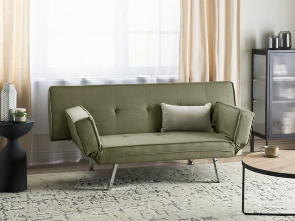 Sovesofa i grøn polstring stof til 3 personer med justerbare armlæn stue soveværelse
