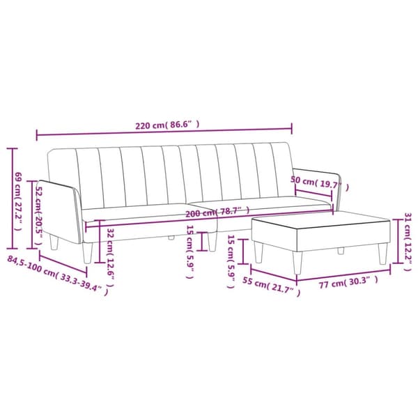 vidaXL Bäddsoffa 2-sits med fotpall svart tyg