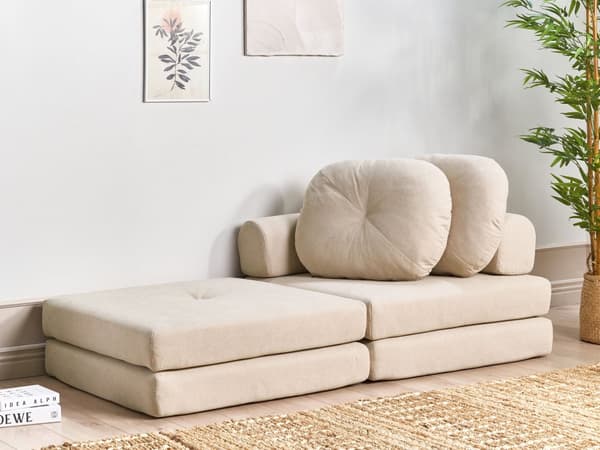 Bäddsoffa Beige Tygklädsel Enkelsoffa Utfällbar Divan Dagbädd med Dyna Modern Design Sovrum Vardagsrum