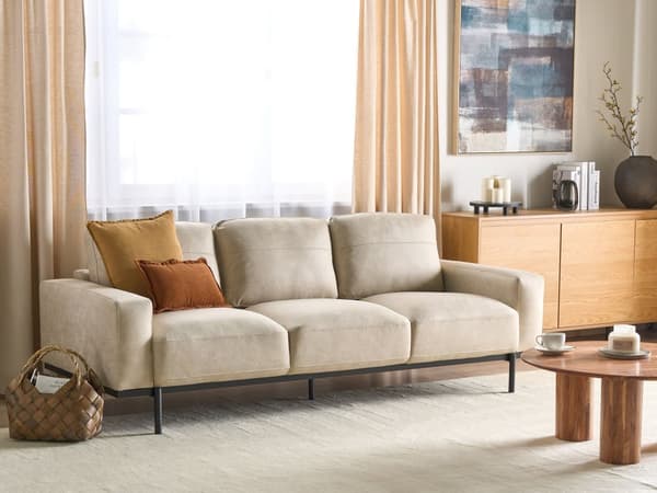 Sofa creme beige 3-personers polstret stof med metalben aftagelige hyndebetræk moderne stil
