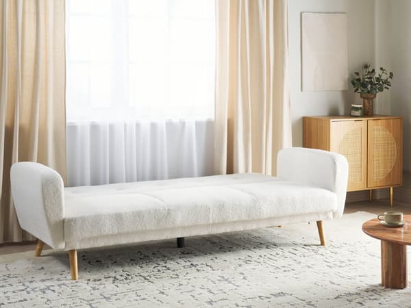 Bäddsoffa Vitt Bouclétyg Klädd 3 Sits Konvertibel Träben Modernt Minimalistiskt Vardagsrum
