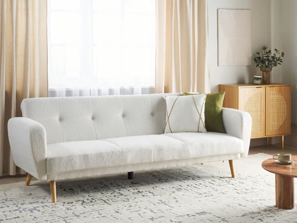 Bäddsoffa Vitt Bouclétyg Klädd 3 Sits Konvertibel Träben Modernt Minimalistiskt Vardagsrum