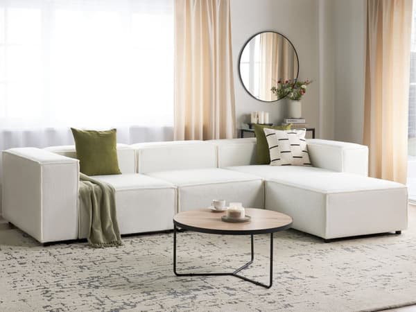 Modulsofa Hvid Boucle 3 Personers Designer Blød Moderne Flyder Sofa med Fodskammel Lav Ryg Stue Indretning Høj Kvalitet Stofsofa