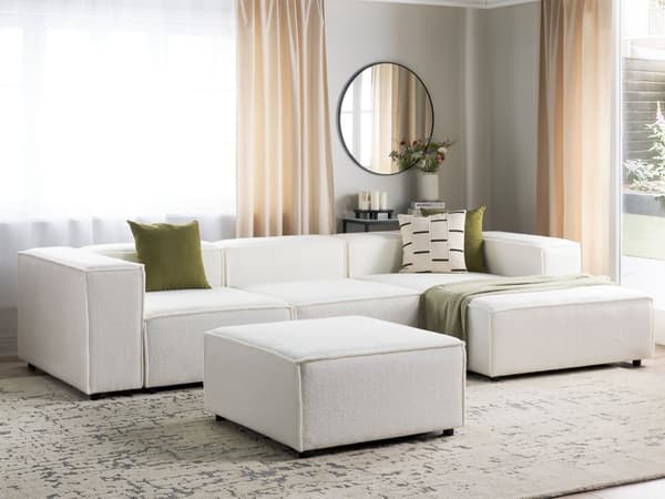 Hjørnesofa med Chaiselong Hvid Boucle 3 Personers Sofa L Formet Dyb Sofahjørne Siddemøbel Blød Stofsofa Venstrevendt Modulsofa med Fodskammel