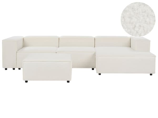 Hjørnesofa med Chaiselong Hvid Boucle 3 Personers Sofa L Formet Dyb Sofahjørne Siddemøbel Blød Stofsofa Venstrevendt Modulsofa med Fodskammel