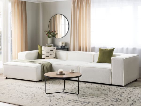 Hjørnesofa med Chaiselong Hvid Boucle 3 Personers Sofa L Formet Dyb Sofahjørne Siddemøbel Blød Stofsofa Højrevendt Modulsofa